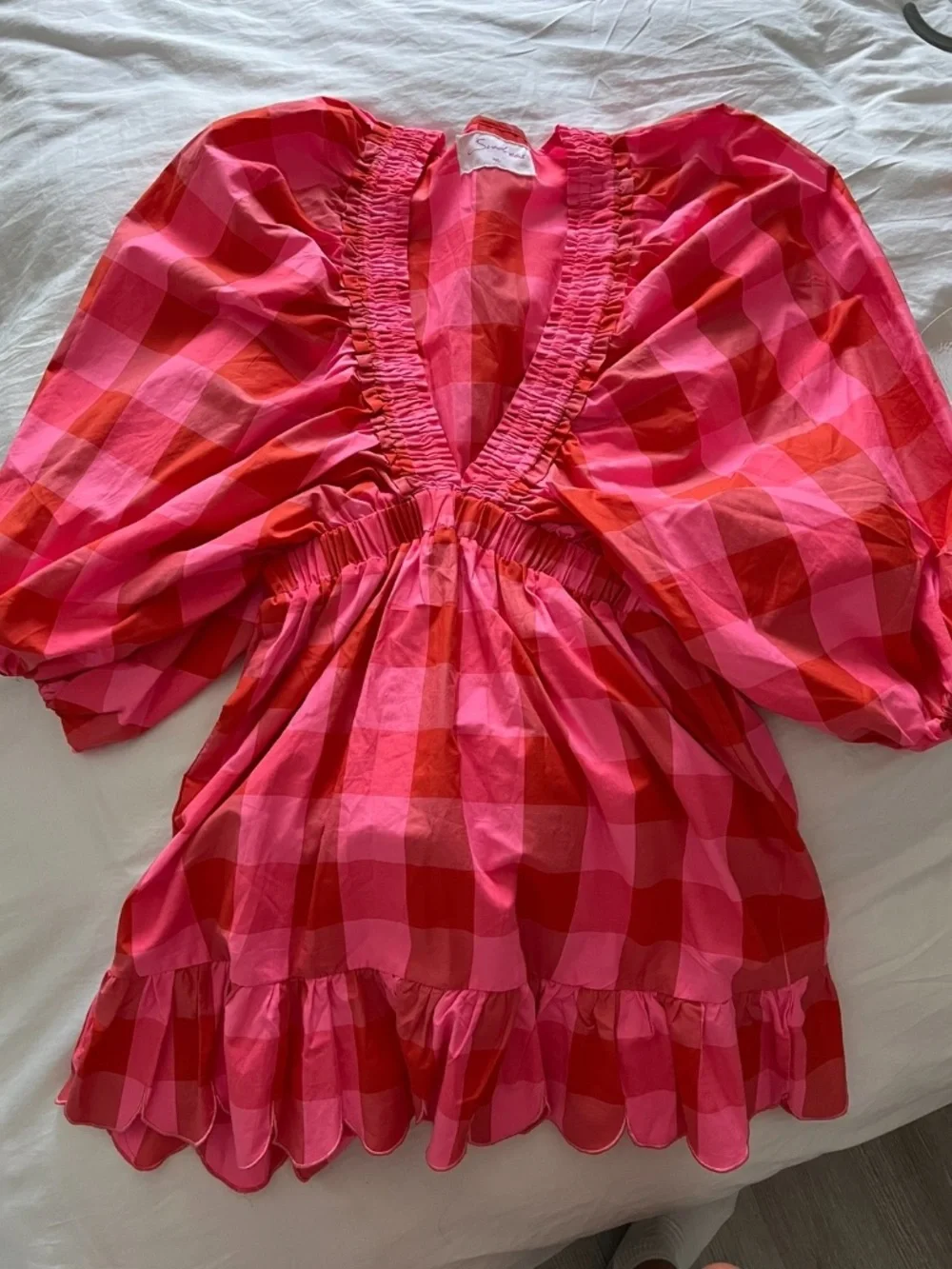 Sundress 🍒🌸 Pink and Red Gingham V-Neck Ruffle Mini Romper - Picture 3 of 4